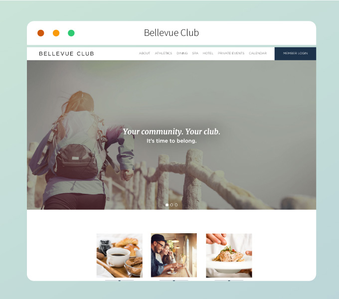 BellevueClub.com - Main navigation menu with faded background.